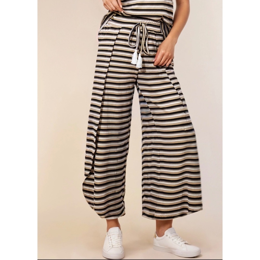 Striped Palazzo Loungewear Pants Tulip Overlap Waist Tassel Tie Cotton Blend XL‎